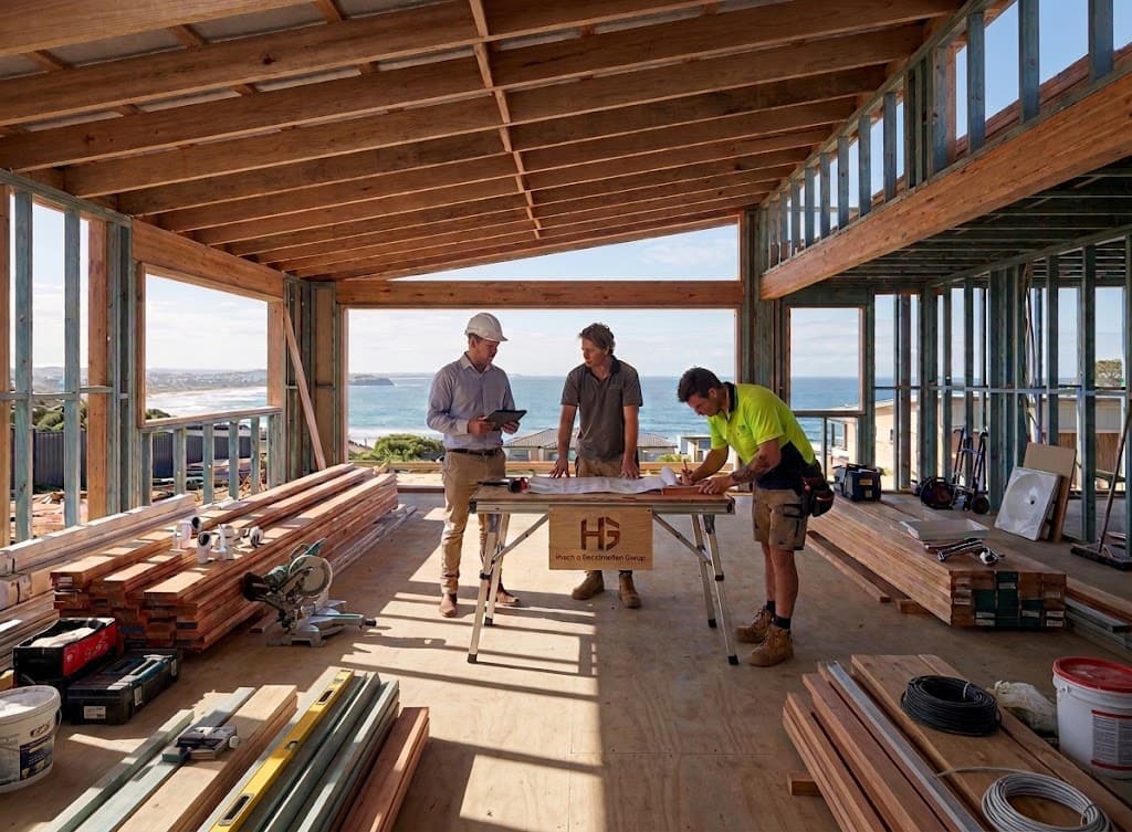 The Hutchin Construction Group team reviewing plans on site